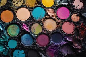 A well used eyeshadow palette displays vibrant colors photo