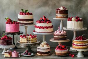 Assorted Berry Topped Cakes On Display Stands photo