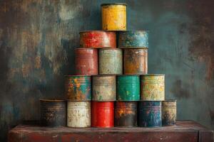 Colorful Paint Cans Arranged In A Pyramid Shape photo