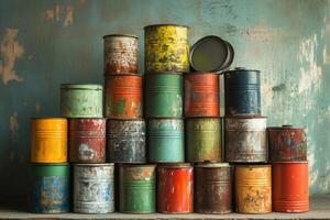 Stacked rusty paint cans against a textured wall photo