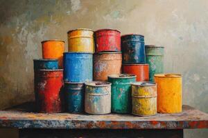 Colorful Paint Cans Stacked On A Rustic Table photo