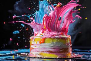 Colorful Paint Explodes Over Delicious Cake photo