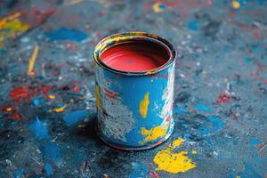 Paint Can Sits Amongst Colorful Splashes Of Paint photo