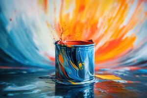 Vibrant paint splashes in a container against colorful background photo