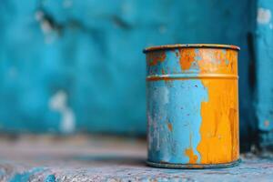 A weathered paint can sits against a blue wall photo