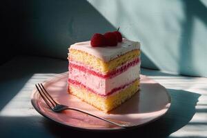 Delicious Raspberry Layer Cake Slice on Pink Plate photo