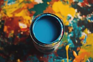 Blue Paint Can Amidst Colorful Artistic Splashes photo