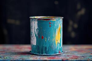 Paint Can Sits On A Colorful Messy Surface photo