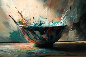 Colorful paint splashes in a painted bowl photo