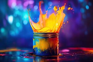 Vibrant paint splash erupts from a metal container photo