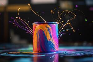 Vibrant paint splashes explode from colorful can photo