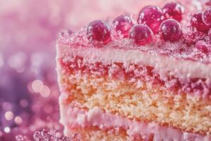 Pink Cake Slice Topped With Berries photo