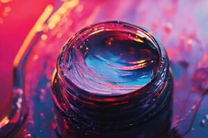 Vibrant Blue Gel in Glass Jar Under Colorful Lighting photo