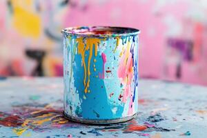 Colorful Paint Can Sits On A Messy Palette photo