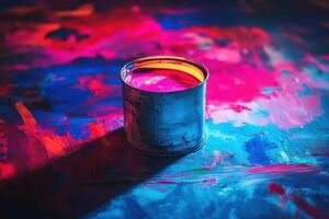 Vibrant Pink Paint In A Metal Can On Colorful Surface photo