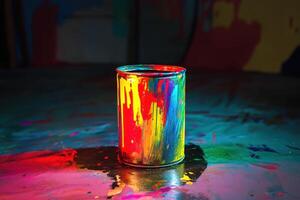 Colorful Paint Can Sits Amidst Vibrant Splashes photo