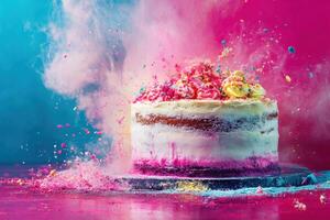 Colorful Cake Exploding In A Powdered Cloud photo