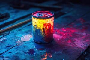 Paint Can Sits Amidst Vibrant Splashes Of Color photo