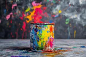 Colorful Paint Can Sits On A Spattered Surface photo