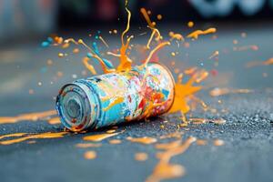 Exploded paint can shows vibrant colors splashed across the ground photo