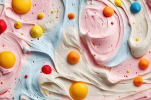 Whipped Cream Swirls With Colorful Candy Decorations photo
