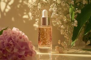Golden Serum Bottle With Flowers In Soft Sunlight photo