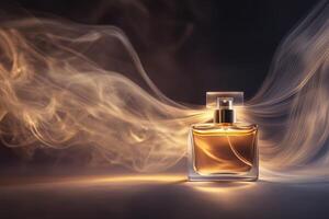 Golden Perfume Bottle Amidst Swirling Smoke photo