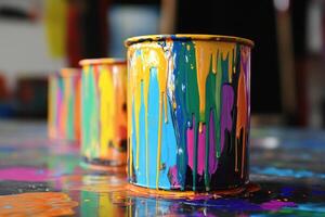 Colorful Paint Cans Dripping Vibrant Hues photo