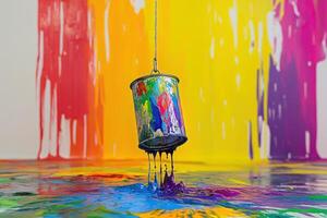 Colorful Paint Can Dripping Vibrant Hues Onto Canvas photo