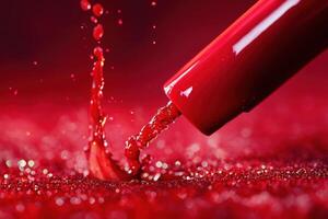 Red Nail Polish Splashes On Glitter Surface photo