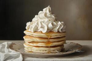 A Delicious Stack of Pancakes Topped with Whipped Cream and Syrup photo