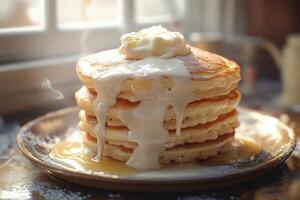Buttery Syrup Drizzled Pancakes Stack Delicious Breakfast photo