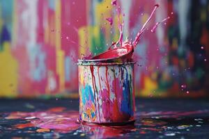 Colorful Paint Explodes From a Can Against Vibrant Background photo