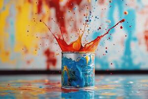 Vibrant paint splashes explode from a tin can photo