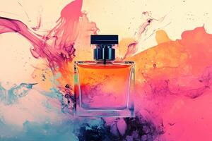 Perfume Bottle Amidst Vibrant Abstract Color Splashes photo