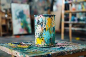 Paint Stained Container In An Artistic Studio Setting photo