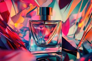 Elegant Perfume Bottle Amidst Vibrant Abstract Shapes photo