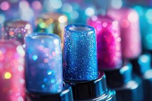 Glittering Nail Polish Bottles Displayed Close Up photo