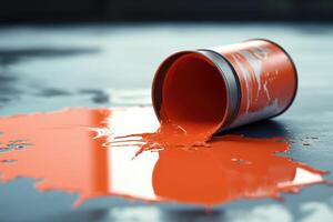 Orange paint spills from an overturned can onto a surface photo