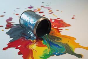 Spilled paint overflows from a metal can onto a white surface photo