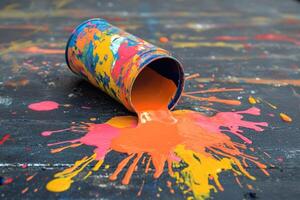 Spilled Paint Can Shows Vibrant Color Explosion photo