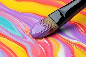 Paintbrush Applying Purple Paint to Swirling Colorful Surface photo