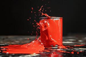 Red paint spills from an overturned can splashing dynamically photo