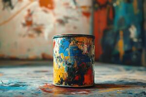 Paint Can Amidst Artistic Colorful Splashes photo