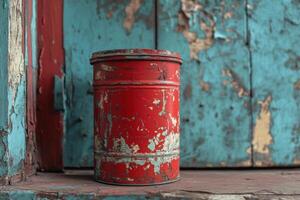 Red paint can sits against weathered teal wood photo