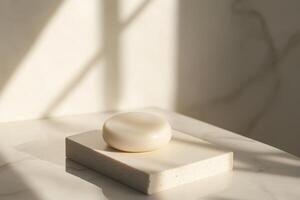 Cream Colored Soap on a Light Beige Pedestal photo