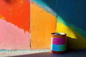 Colorful Painted Wall With Paint Can photo