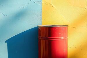 Red Barrel Against Blue And Yellow Wall photo