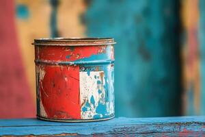 A weathered paint can sits on a rustic surface photo