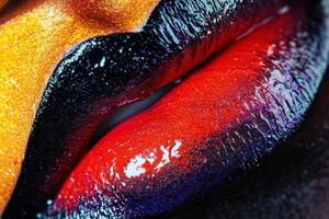 Glittering multicolored lips artistic makeup closeup photo